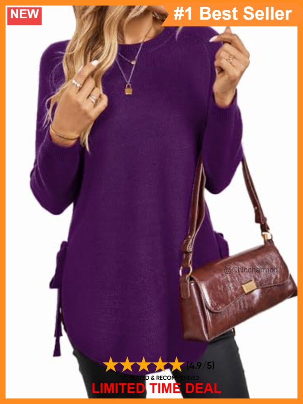 Long Sleeve Tunic Sweater Crewneck Bow Tie Side Slit Knit Pullover